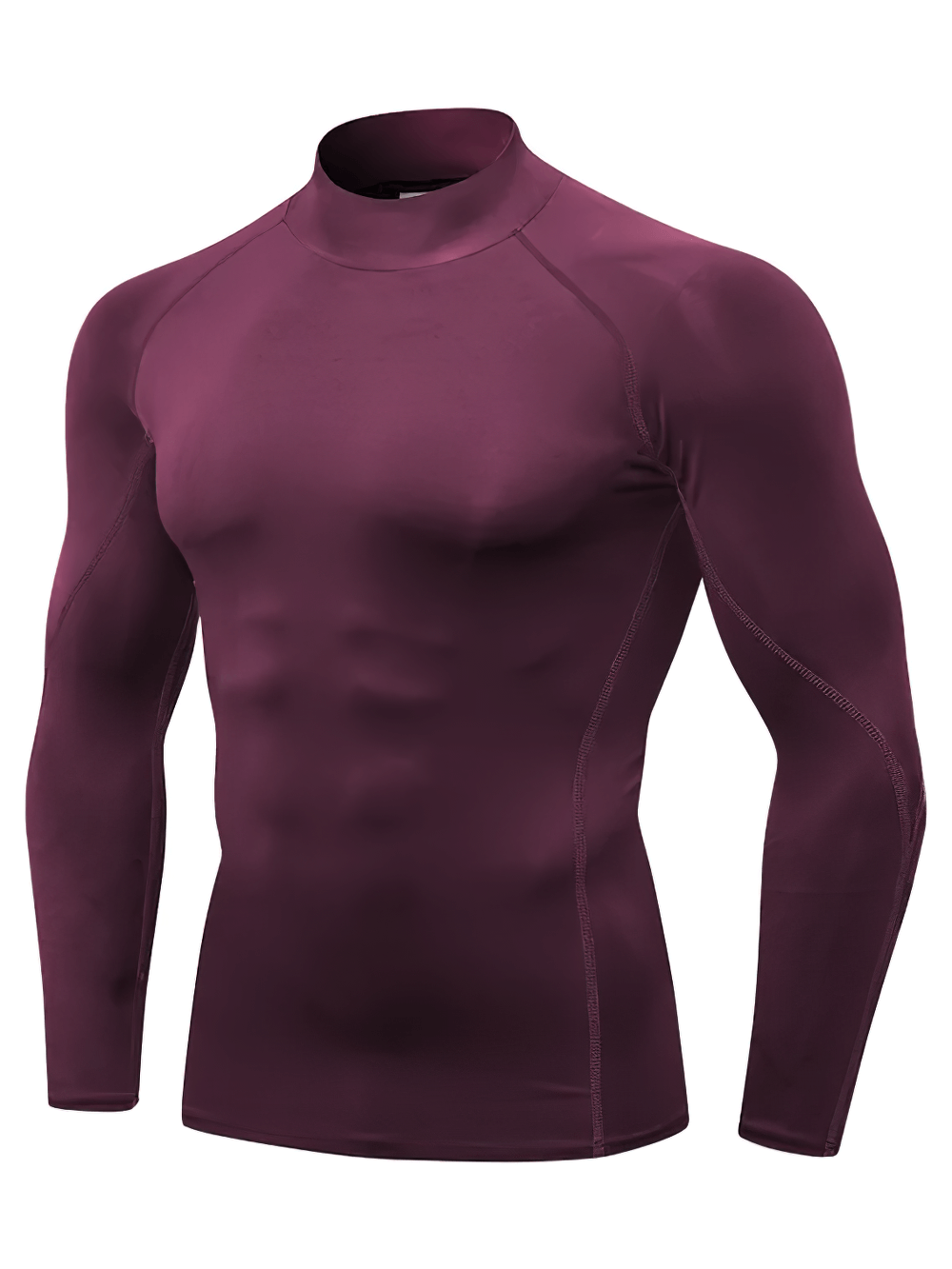 Men's athletic compression turtleneck long sleeve top in maroon, ideal for sports. Enhances performance with stretch and comfort.